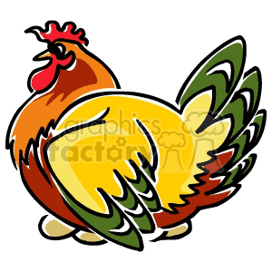 This clipart image features a cartoon-style depiction of a colorful rooster. It is a stylized illustration with a bold outline and simplified colors, typical of clipart designed for easy reproduction and versatility in various media formats.