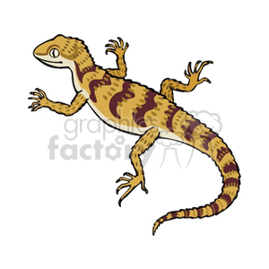 The image illustrates a stylized clipart of a tan and brown striped lizard. The lizard has a elongated body, a long tail, and is shown in a pose that suggests it could be moving across a flat surface, typical of desert or arid environment dwellers like monitors or iguanas.