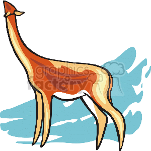 This is a stylized clipart image of a deer-like animal, depicted in a simplified form with exaggerated features, such as long legs and a lengthy neck. It has shades of orange and beige, with a small head and pointed ears. There's a blue abstract shape in the background, possibly representing the sky or water. The image seems to capture the essence of a deer, antelope, or gazelle, which are often characterized by their graceful forms and elegant stature.