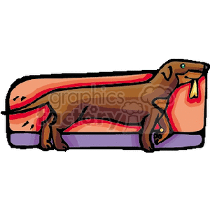 The clipart image features a cartoon representation of a dachshund, portrayed humorously as a hot dog with a bun surrounding its body.
