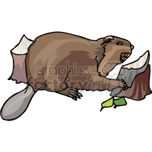 The clipart image shows a cartoon beaver gnawing at a tree stump. The beaver has brown fur, a wide flat tail, and two large front teeth