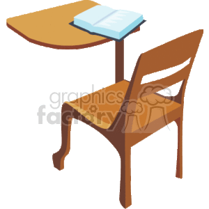 The clipart image depicts a traditional wooden school desk with a semi-circular top and a matching wooden chair. On top of the desk lies an open book, indicating a setting for learning or a classroom environment. The style suggests a classic or vintage educational setting, reminiscent of the old days.