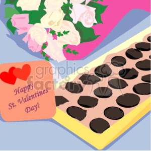 The image depicts a celebration of Valentine's Day with various thematic items. In the foreground, there is a box of chocolates, which appears to be partially open, revealing several chocolate candies still in their individual cavities. Adjacent to the box of chocolates is a card that has a heartfelt Valentine’s Day greeting that says Happy St. Valentine's Day! accompanied by two decorative hearts. In the background, to the left side of the image, there is a bouquet of white roses with green foliage, signifying a traditional romantic gesture.