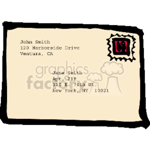 The image depicts a clipart illustration of an open postal envelope with a letter partly sticking out. On the letter, there is visible text showing a sample sender address at the top left corner, featuring the name John Smith and a California street address. Below is a recipient's address with the name Jane Smith and a New York street address. In the top right corner of the letter, there's a stylized postage stamp.