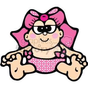 The image depicts a cartoon clipart of a baby girl. She has prominent dark pink cheeks, a big pink bow on her head, and she is dressed in a pink outfit with polka dots. The baby is smiling and appears to be lying on her stomach with her hands and feet visible.