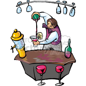 This clipart image features a bartender pouring a mixed drink from a shaker into a glass. The bartender stands behind a bar counter where bottles and a cocktail shaker are visible. Above the bar, there is a light fixture with hanging glasses. There are two more glasses on the bar surface alongside a bottle. The image evokes a friendly and professional bar atmosphere.