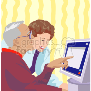The image is a clipart depicting an elder man and woman looking at a computer monitor together. The man is pointing at the screen, and they both appear engaged and happy with what they're seeing. The woman is smiling and seems to be enjoying the interaction or the content on the display. They might be sharing a moment of learning, enjoying family photos, communicating with loved ones, or simply exploring the internet together. The background is simple with abstract yellow patterns, focusing the attention on the two characters and the computer.