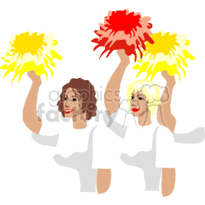 The clipart image depicts two cheerleaders with pom-poms. They are wearing coordinating outfits which appear to include white tops, and they are holding up the pom-poms in colors of yellow and red.