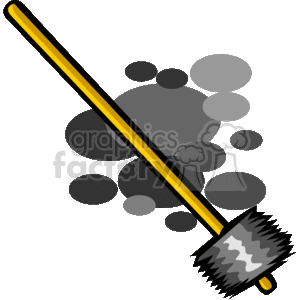 The image depicts a clipart illustration of a chimney sweep's brush. The brush has a long yellow handle with a black end and a black brush head with jagged edges, which suggests the bristles of the brush used for scrubbing. The brush seems to be depicted mid-sweep, as indicated by the shadowy, circular shapes around it, which could represent soot particles being scattered during the cleaning process.