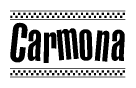 The image is a black and white clipart of the text Carmona in a bold, italicized font. The text is bordered by a dotted line on the top and bottom, and there are checkered flags positioned at both ends of the text, usually associated with racing or finishing lines.