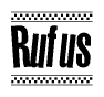 The clipart image displays the text Rufus in a bold, stylized font. It is enclosed in a rectangular border with a checkerboard pattern running below and above the text, similar to a finish line in racing. 