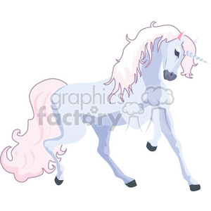 The clipart image features a unicorn, which is a fictional character often depicted in fantasy narratives. The unicorn is characterized by its horse-like appearance, a spiraling horn on its forehead, and a flowing mane and tail.