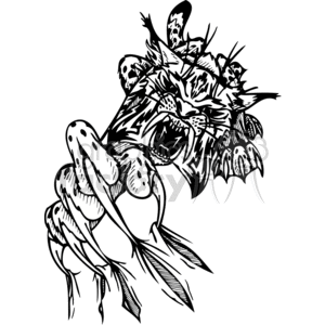 This clipart image features a stylized design of a tiger's face with fierce expressions. The tiger is depicted in a roaring pose with its claws extended, and its body parts are interspersed with skull-like shapes, adding a tough, feral look to the overall design. The black-and-white image is created with bold, contrasting lines, making it suitable for vinyl cutting, tattoo designs, or as wildcat-themed artwork for various applications.