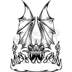 The clipart image displays a stylized dragon with prominent wings, an aggressive facial expression with sharp teeth, and flames surrounding it. The image appears to be designed in a monochromatic line art style, suitable for vinyl cutting or as a design element for various decorative purposes.
