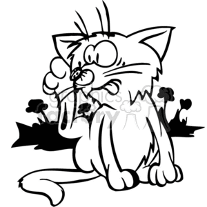 The image is a black and white clipart of a funny-looking cat with exaggerated features scratching its nose with its hind leg. There's a small bug on the cat's nose, which the cat is observing with a confused or irritated expression. Some flowers or plants are indicated in the background.