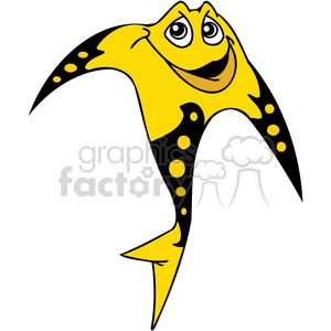 The image is a cartoon depiction of a yellow and black spotted fish with a funny and friendly face. It has a big smile, wide eyes, and its body and fins are styled in a whimsical, exaggerated shape that resembles a manta ray or a kite.