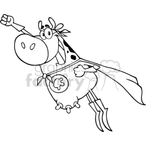The clipart image depicts a comical illustration of a cow styled as a superhero. The cow has a prominent, friendly facial expression, featuring large eyes and a big snout. It's wearing a superhero cape and a mask, with a badge on its chest resembling an udder, and it's striking a typical superhero pose with one hoof extended forward as if flying. Its body has typical cow spots, and a small tuft of hair can be seen on top of its head.