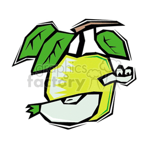 The clipart image features a stylized depiction of a green apple with a worm protruding from the side. The apple is attached to a tree branch with leaves, and a portion of the apple appears to be sliced out, giving a three-dimensional effect to the design.