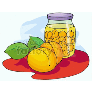 The clipart image features a transparent jar filled with what appears to be canned or preserved apricots. Next to the jar, there are fresh apricots resting on a surface alongside some green leaves. The image conveys concepts related to food preservation, agriculture, and fruit harvesting.