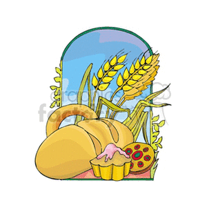 The clipart image shows stalks of wheat, a loaf of artisan bread, a cupcake with pink frosting, and what appears to be a fruit-topped muffin or pastry. The background features a blue sky, and there seems to be grass or similar green foliage at the base of the wheat stalks.