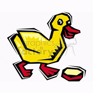 The image depicts a stylized version of a yellow duck, which appears to be a clipart representation. The duck has a large yellow body, an orange beak, and red webbed feet. There's also a small yellow object nearby that could be interpreted as food or a part of the duck's environment, suggesting an agricultural theme.