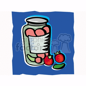 The clipart image shows a sealed glass jar filled with what appears to be canned vegetables, alongside two whole tomatoes and a cucumber. The jar is illustrated with a label that doesn't have any text, and a metallic-looking lid. The colors are bright and the vegetables within the jar are stylized in a simple, cartoonish manner.