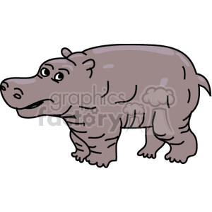 This clipart image depicts a cartoon-style hippopotamus standing with a side profile view. The hippo is colored in various shades of purple-gray with lighter purple spots on its back and has a friendly expression. However, it does not feature a yawning pose or an open mouth, contrary to the keywords provided.