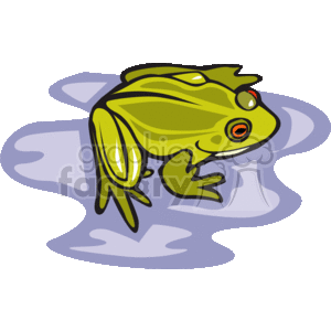 The clipart image features a stylized green frog. The frog has large eyes with red irises, which are typical characteristics of cartoon renditions of frogs. The frog is depicted sitting on what appears to be a surface of water, indicated by the wavy blue and white pattern surrounding it. The amphibian has a prominent yellowish-green color scheme with lighter shaded highlights, giving the image a vibrant and animated look.