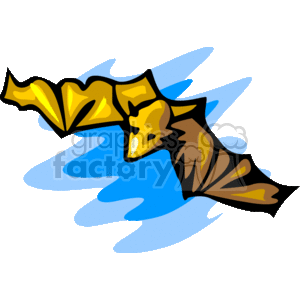 The image is a colorful, stylized clipart depiction of a flying bat. It features a tan-colored bat with details in darker brown, representing the fur and wing membrane textures. The bat is shown in mid-flight with wings extended, and there is a blue, abstract background shape behind it to suggest motion or the night sky. This clipart could be used for various purposes, including Halloween-themed decorations, educational materials about bats, or as a graphic element in designs.