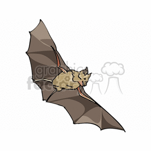 The clipart image features a stylized illustration of a single flying bat with its wings spread. The bat has a brown body with grayish wings stretched out as though in flight, depicting a typical view of this nocturnal animal. The bat has a somewhat cartoony appearance, making it suitable for various types of casual, educational, or Halloween-themed content.