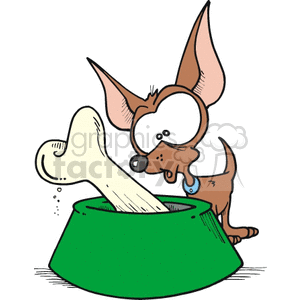 The image shows a cartoon of a brown chihuahua with oversized ears trying to get a large bone out of a green bowl. The dog looks surprised or shocked at the size of the bone. There are little motion lines indicating the dog's attempt to move the bone.