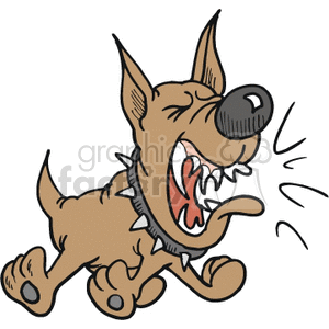 This clipart image depicts an animated dog mid-growl or bark. The dog has its mouth wide open showing teeth, with lines around its mouth to indicate sound or motion, suggesting that it is either growling, snarling, barking, or expressing some form of aggression or alarm. The dog's stance is dynamic, with its body leaning forward and ears perked up. It's likely meant to represent an upset or angry small dog.