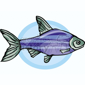 The clipart image depicts a cartoon fish with a blue and purple striped body, swimming against a light blue circular background. It's a simple, stylized representation of a fish, likely designed for use in educational materials, websites, or children's books to illustrate aquatic life or marine themes.