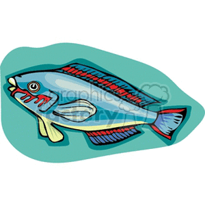 The clipart image shows a cartoon-style drawing of a fish. The fish is depicted in profile with exaggerated features like a prominent eye, fins, and a pattern of scales along its body. It has a combination of blue, red, and yellow coloring and is set against a teal background that suggests a watery environment.