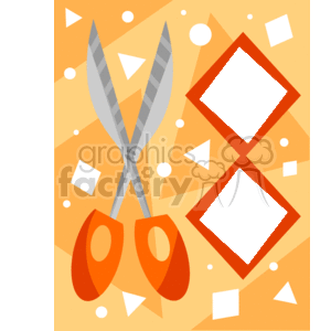 This image features a stylized representation of a pair of household scissors. It has an abstract, geometric background with a variety of shapes including triangles, diamonds, and circles in different sizes. The background colors are mainly orange and yellow tones with the shapes being white, black, and various shades of orange. The scissors are depicted with gray blades and orange handles, and they are open.