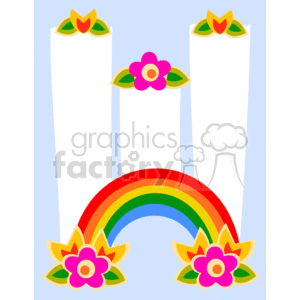 This is a colorful clipart image that has a whimsical weather and nature theme. The main features of the image include:
- A large, vibrant rainbow arching across the bottom of the image with red, orange, yellow, green, blue, and purple stripes.
- Four stylized flowers with five petals each, colored in shades of pink, yellow, and green. Two of the flowers are placed symmetrically at the ends of the rainbow, while the remaining two are at the top corners of the frame.
- The flowers at the top corners are each placed within a heart-shaped leaf or embellishment, colored in yellow and green.
- The background is a light blue, giving the impression of a clear sky.
The image appears to be designed as a frame or border for inserting text or other content within the white spaces between the decorative elements. It carries a cheerful and bright sentiment, often associated with spring or summer themes.