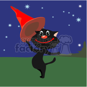 The clipart image shows a joyful black cat standing on its hind legs, wearing a pointy red witch's hat. The cat has a wide smiling face with prominent whiskers and is raising one of its front paws as if waving or dancing. The background is a night sky with stars, implying that the scene could be set outdoors at nighttime. The ground is a simple green, suggesting grass.