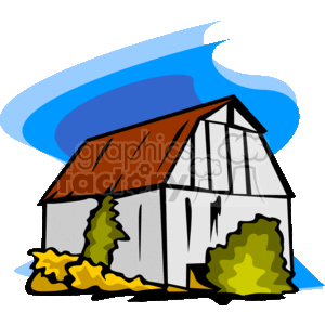 The image is a stylized clipart depicting a classic farm scene. It includes an old-fashioned wooden barn with a brown roof. There are bushes or shrubs around the barn, and what seems to be autumn foliage on the ground, suggesting a fall or Thanksgiving theme. The sky in the backdrop has a swirl of blue, giving a sense of a breezy day.