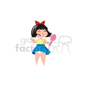 The clipart image shows a cartoon of a young girl with a happy expression. She has short black hair with a red bow, and she is dressed in a yellow top with a blue skirt. The girl is holding what appears to be a pink maraca in her right hand and is waving or greeting with her left hand.