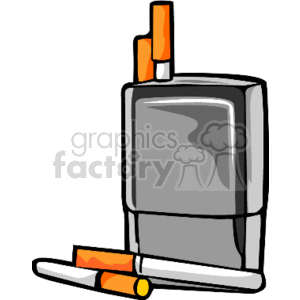 The image is a clipart illustration of a gray cigarette case with a flip-top lid, partially open with one unlit cigarette sticking out. Two additional cigarettes lie in front of the case, also unlit, with orange filters.