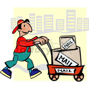 In the clipart image, there is a cartoon of a delivery person or mailman pushing a red wagon filled with packages or boxes labeled MAIL. The mailman is depicted in a red shirt, blue pants, and sneakers, wearing a cap, and appears to be in motion as if delivering mail or packages. The background suggests an urban environment with stylized representations of buildings.