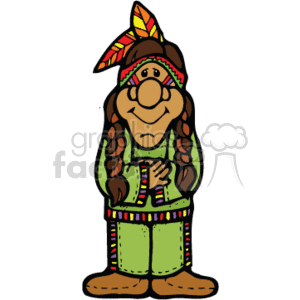 The image is a cartoon-style clipart of a character intended to represent a Native American person. The character has long braided hair and is wearing a headband with feathers, which is a common stereotypical symbol used to portray a Native American chief or tribal leader. The clothing features patterned designs and fringe detailing, suggestive of traditional Native American garments. However, it should be noted that this depiction can be a generalized or stereotypical representation and may not accurately reflect the diverse clothing and cultural attributes of Native American tribes.