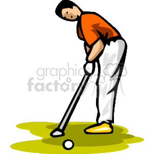 The image depicts a clipart of a male golfer in mid-swing, positioned over a golf ball that is on the ground. He is wearing a cap, an orange shirt, and white pants with a black belt. His sporty shoes are yellow and white. The golfer holds a golf club angled towards the ball in preparation for a stroke. The scene is simplified with minimal detailing, set on a partial patch of green that indicates a golf course.
