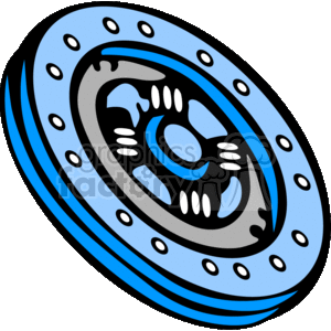 The clipart image shows a stylized representation of a car's clutch disc, which is a key component in a vehicle's manual transmission system. It features circular designs that suggest the friction surfaces and the central hub, as well as holes around the perimeter that typically accommodate bolts or springs.