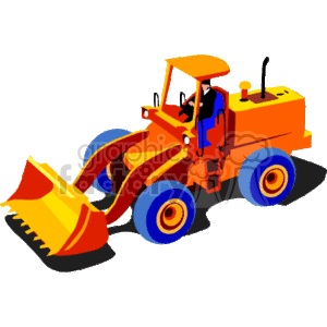 The clipart image shows a stylized, colorful front-end loader, which is a type of heavy construction equipment. The loader is depicted with a large, articulated front bucket, which is used for digging, lifting, and moving materials. The machine is shown with wheels, a driver's cab, and it's designed to appear in motion with shadows suggesting movement on the ground.