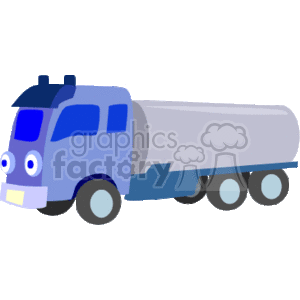 The clipart image displays a cartoon of a blue tanker truck, which might be used for transporting liquids such as fuel, water, or chemicals. The truck has a friendly face on the front, suggesting it's designed to appear more approachable, possibly for educational purposes or to appeal to children.