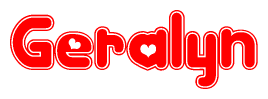The image is a red and white graphic with the word Geralyn written in a decorative script. Each letter in  is contained within its own outlined bubble-like shape. Inside each letter, there is a white heart symbol.