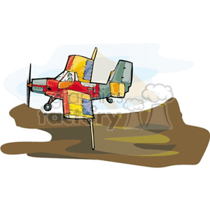 This clipart image depicts a yellow and red crop duster plane in the process of spraying over brown fields, which likely represent crops. The background is abstract, using a combination of blue and beige shapes that suggest a sky and the ground.