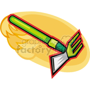 The image depicts a stylized clipart of a gardening hoe, which is a tool used for shaping soil, removing weeds, clearing soil, and harvesting root crops. The hoe is shown with a green handle and a red metal head with a sharp blade.