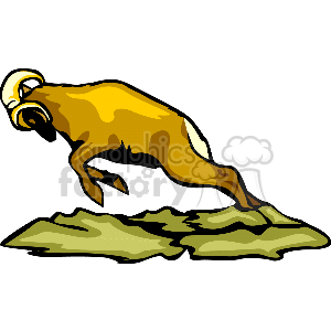 The image is a clipart illustration of a ram. The ram is depicted in a dynamic pose with its front hooves off the ground, suggesting movement or charging. Its horns are large and curled, a characteristic feature of many ram species. The ram appears to be above ground level, possibly on a hill or mountain, indicated by the green and brown rugged terrain beneath it. The style of the image is simple and cartoonish, using bold outlines and flat colors to define the animal and its environment.